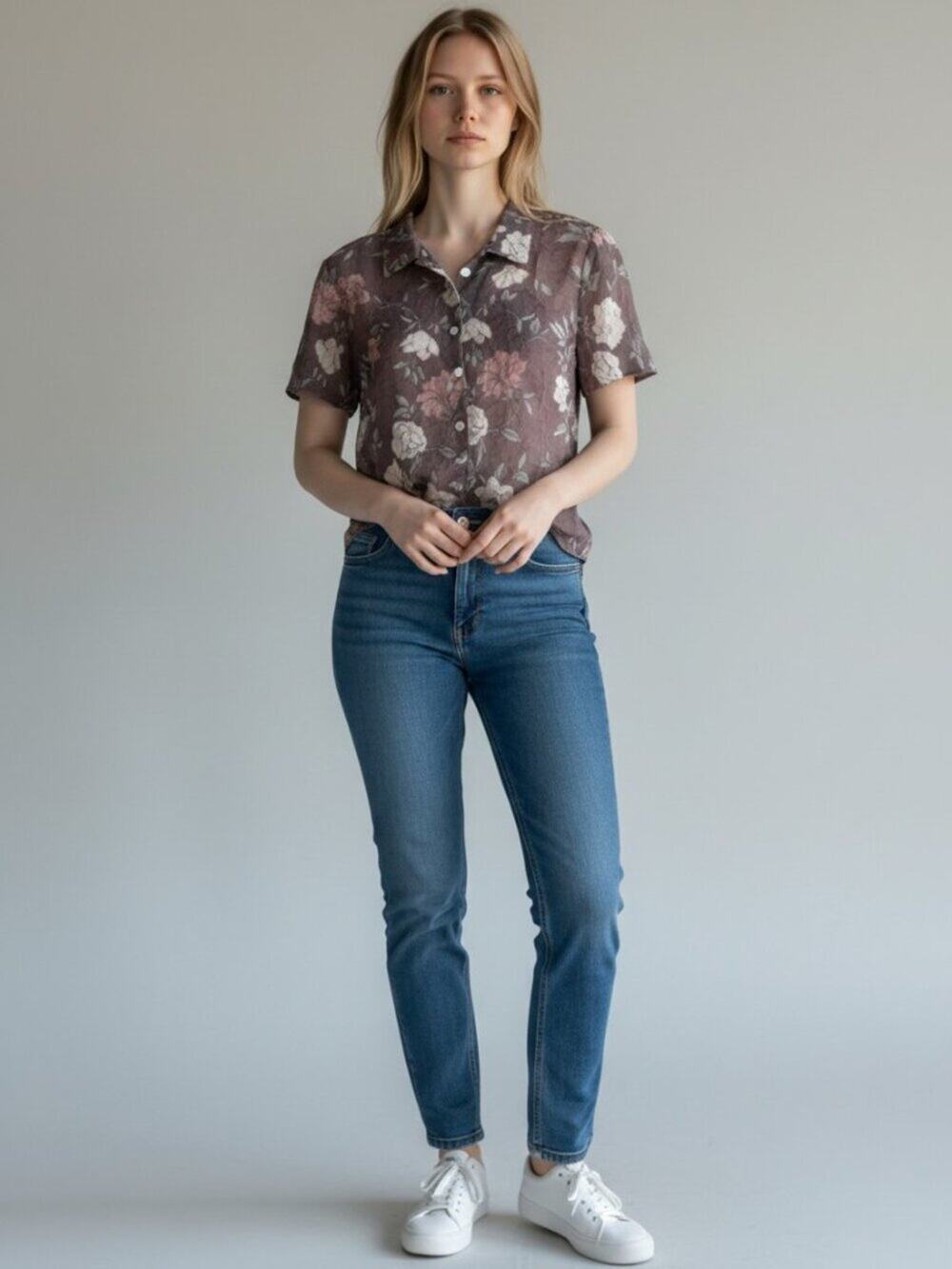 Megan Lee Vintage Brown Sheer Floral Cropped Button Down Blouse Short Sleeve 12